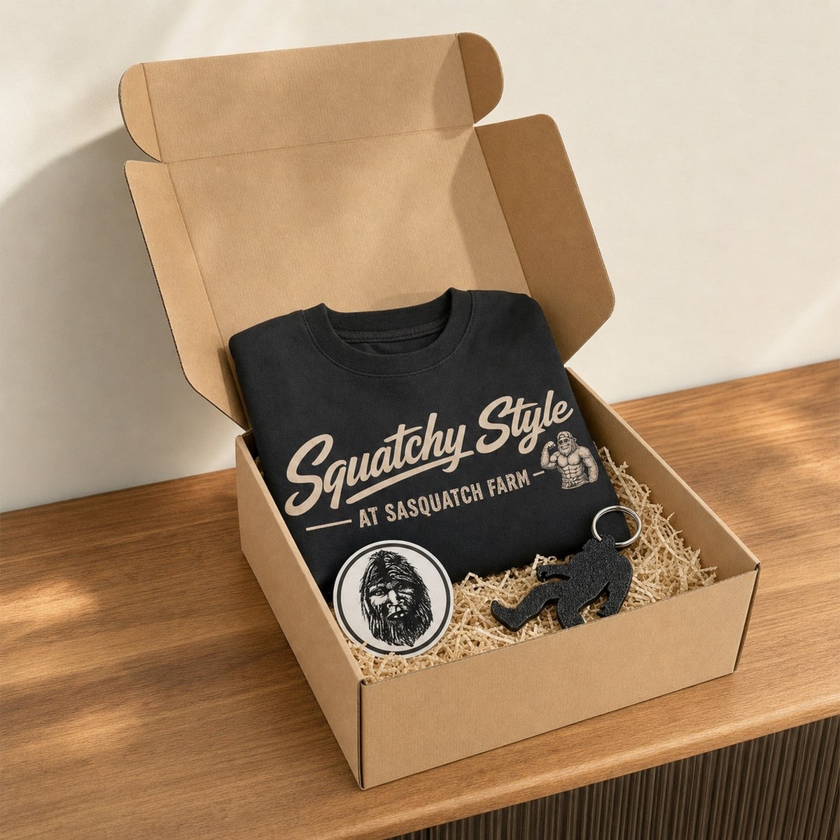 The Squatch Box — open kraft gift box with a folded Squatchy Style tee, sasquatch keychain and Squatchy sticker nestled in crinkle paper