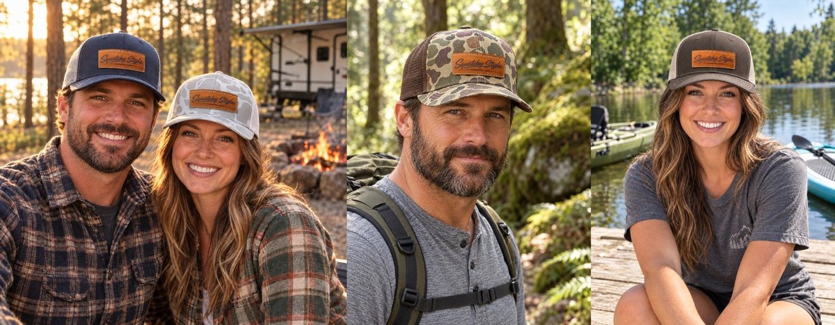 Squatchy Style trucker hats by the campfire, on the trail and at the lake
